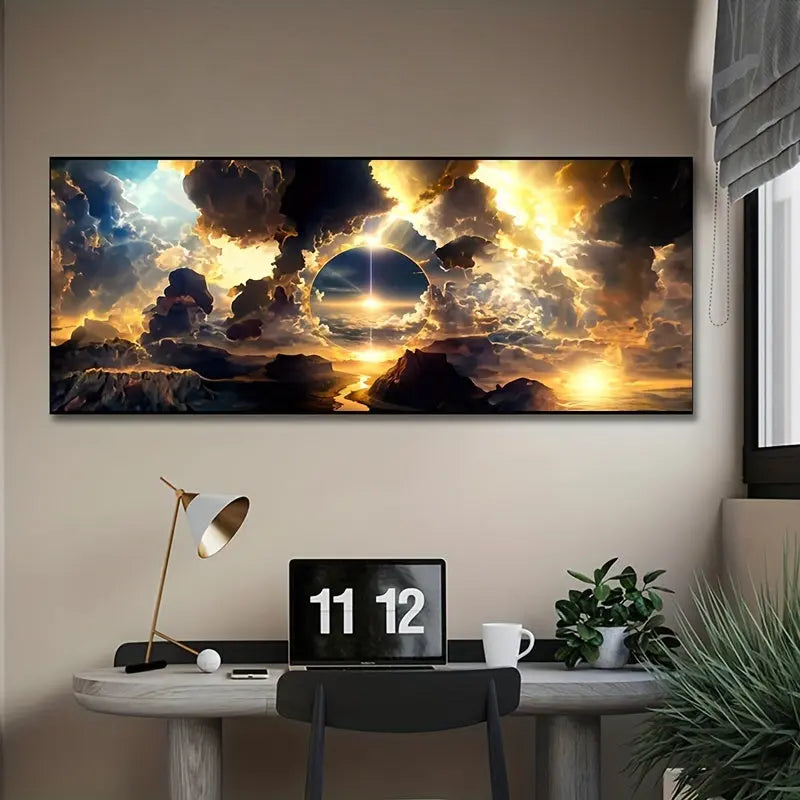 1pc Stunning Modern Art Canvas Print - Dramatic Sky with White Clouds & Mountain Landscape, Frameless Oil Painting for Living Room, Bedroom, Home Office Decor - Abstract Nature-Inspired Wall Art June Wall Art