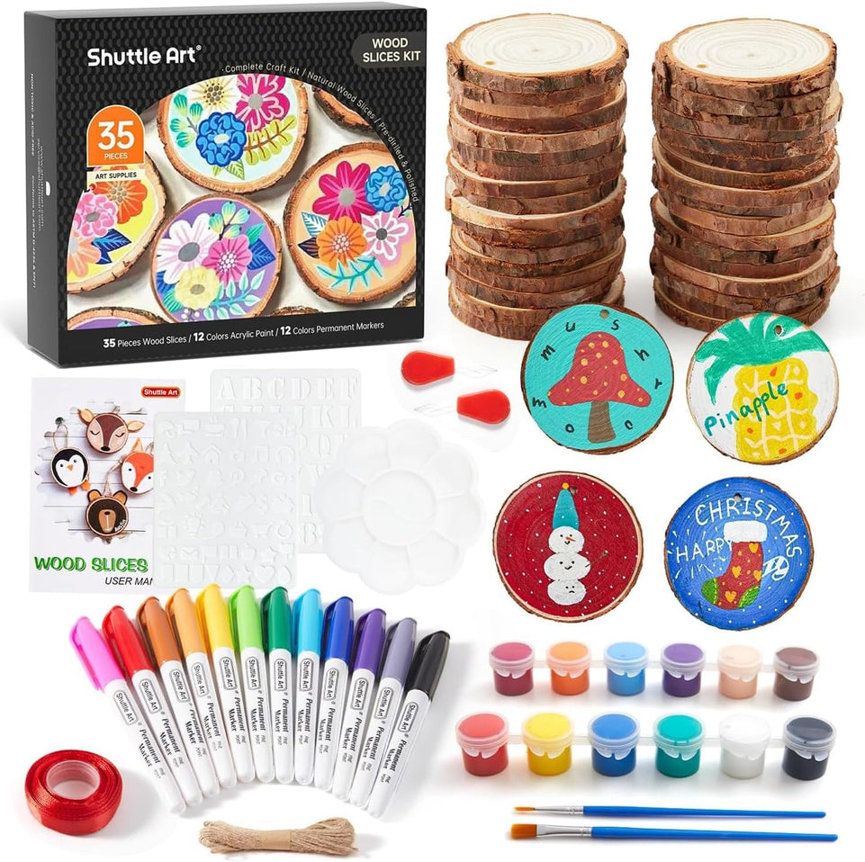 Wood Slices Kit, Shuttle Art 35 PCS Unfinished Natural Wood Slices with Pre-Drilled Hole, Acrylic Paint, Permanent Markers, Jute Twine, DIY Craft for Kids Adults Holiday Decoration Christmas Ornaments https://www.amazon.com/dp/B08FDGWSCW