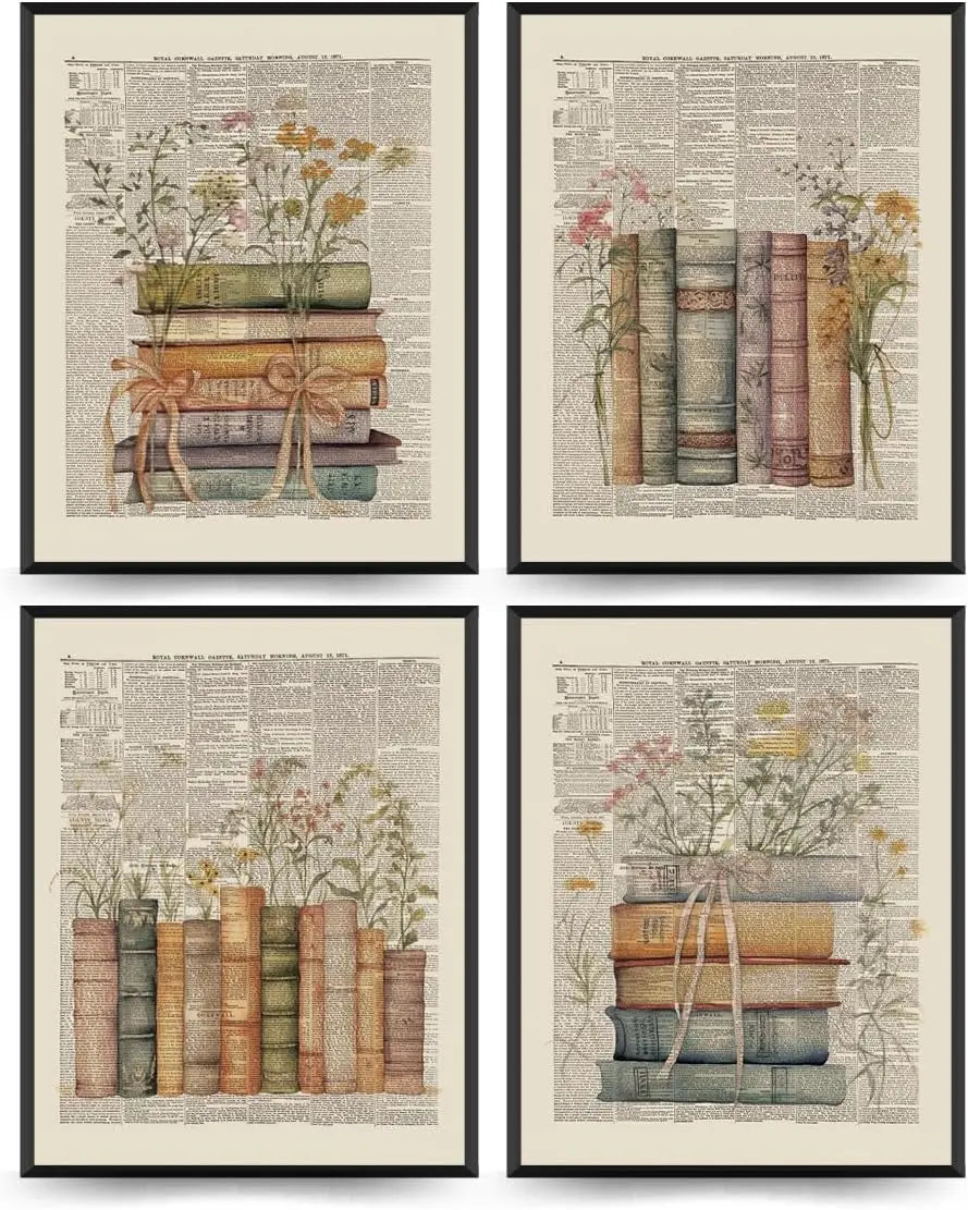 PLKMN Vintage Book Art Wall Decor 8x10, Book Club Decorations, Library Decor, Retro Floral Book Wall Art for Reading Room Classroom Nursery, Book Lovers Gifts, Set of 4 Unframed https://www.amazon.com/dp/B0CZQ3KRK9