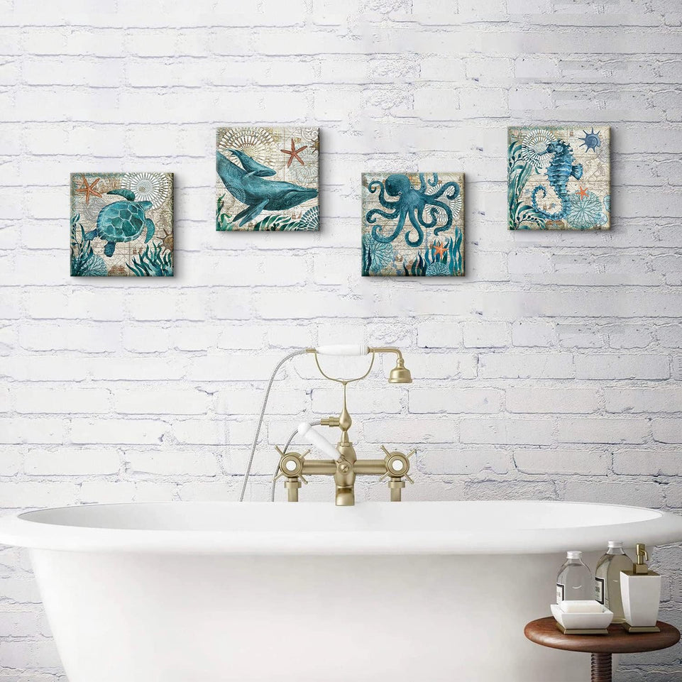 Bathroom Wall Art Beach Decor Ocean Sea Turtle Octopus Canvas Pictures Coastal Room Decor Teal Bathroom Accessories Vintage Whale Seahorse Poster Modern Nautical Painting Bedroom Home Decorations https://www.amazon.com/dp/B07HMJFDK3