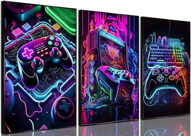 3pcs Game Room Decor Neon Gaming Posters Wall Art Gamer Accessories Theme Canvas Print Game Console Painting Picture for Children Youth Game Boys Bedroom Teen Wall Decor Unframed 12"x16"x3 https://www.amazon.com/dp/B0CPCHHKQD