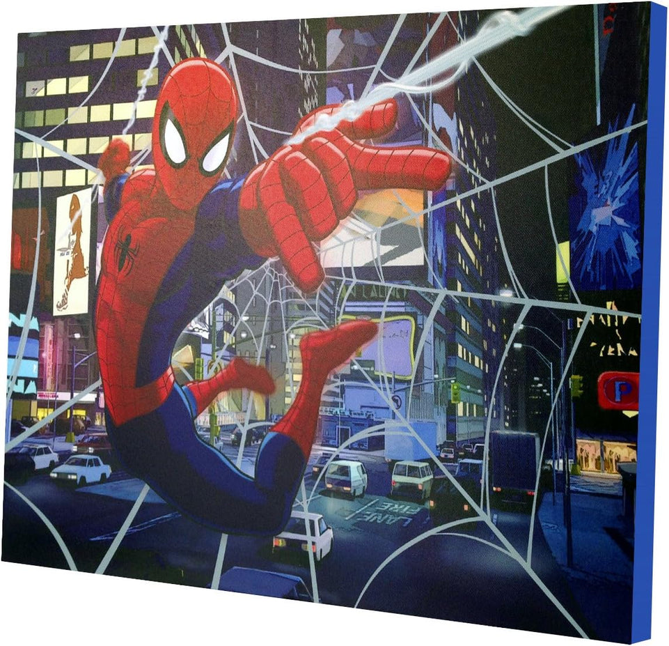 Idea Nuova Spider-Man LED Canvas Wall Art, Children's Home Décor, Bedroom, Spiderman / Blue, 11.50" x 15.75" https://www.amazon.com/dp/B017EPF34G