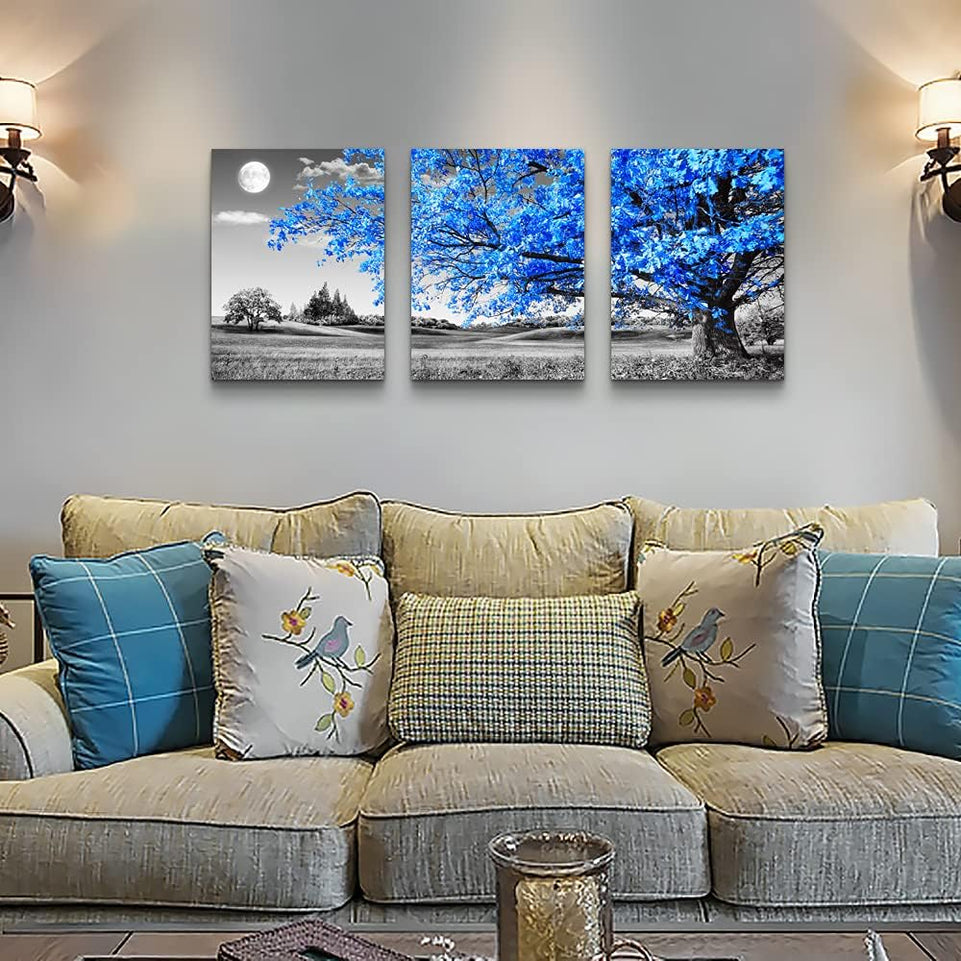 Wall Art For Living Room black and white Blue tree moon Canvas Wall Decor for Home artwork Painting 12" x 16" 3 Pieces Canvas Print For bedroom Decor Modern Salon kitchen office Hang a picture https://www.amazon.com/dp/B07DW1DLWF