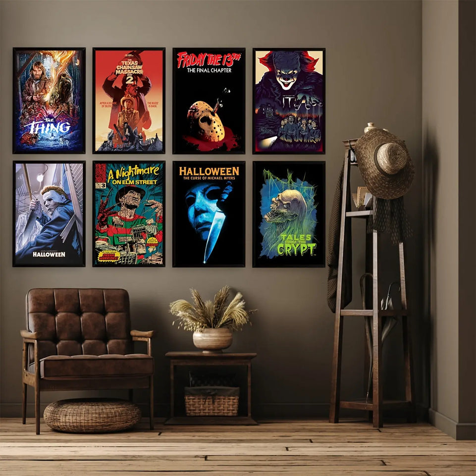 8pcs Unframed Halloween Vintage Horror Movie Posters Set, Classic Scary Movie Art Prints Horror Movie Character Wall Art Posters, For Home Living Room Bedroom Man Cave Theater Decor June Wall Art