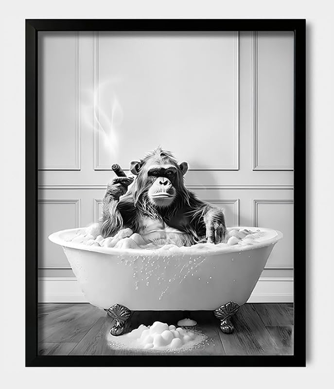 Framed Bathroom Decor Wall Art, Chimpanzee in Bathtub, Black and White Wall Art, Funny Bathroom Wall Decor Signs, Cute Animal Art for Bathroom (Framed,8''x10'')1 https://www.amazon.com/dp/B0CFVFYRPZ