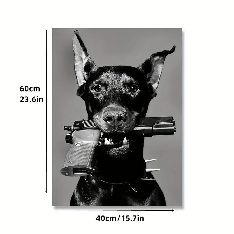 1pc Luxury Black and White Doberman and Gun Poster for Nordic Home Decor - Printed Canvas Wall Art Picture - 15.7x23.6in June Wall Art