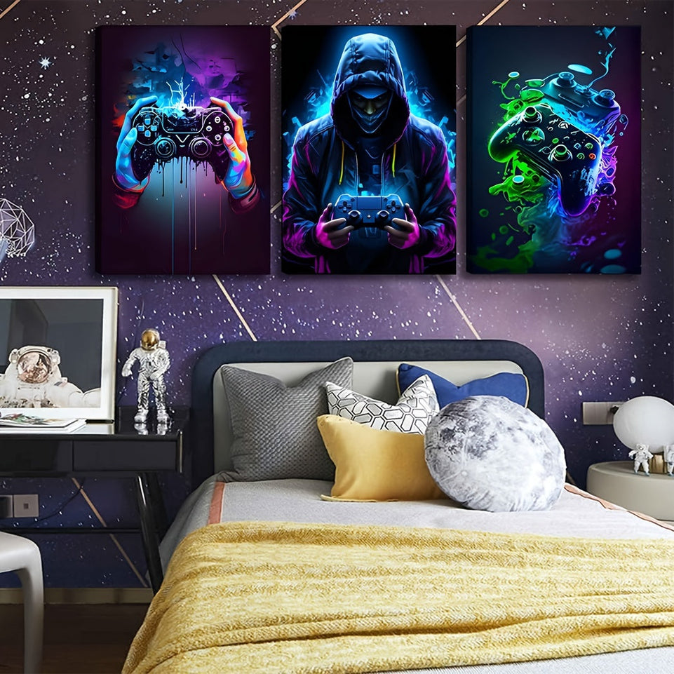 3pcs Retro Gaming Canvas Art Set - Colorful Neon Gamepad Watercolor Posters, Unframed Wall Decor for Boys' & Youngsters' Rooms https://www.temu.com/search_result.html?search_key=601099588585525