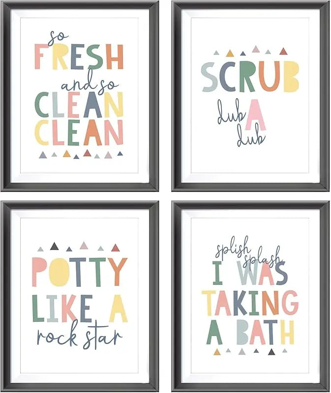 So Fresh and Clean Colorful Bathroom Art Poster Prints for Home Kid Washroom Restroom Nursery Toilet Laundry Decor,Funny Bathroom Rules Word Art Decorations Prints Wall Art Unframed 4pcs 8x10inches https://www.amazon.com/dp/B0BY6BBXTF