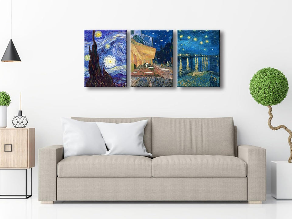Wieco Art 3 Panels Canvas Prints of Vincent Van Gogh Paintings Reproduction Starry Night Over the Rhone Cafe Terrace at Night Canvas Wall Art for Living Room Home Office Decor https://www.amazon.com/dp/B0C33BG7JC