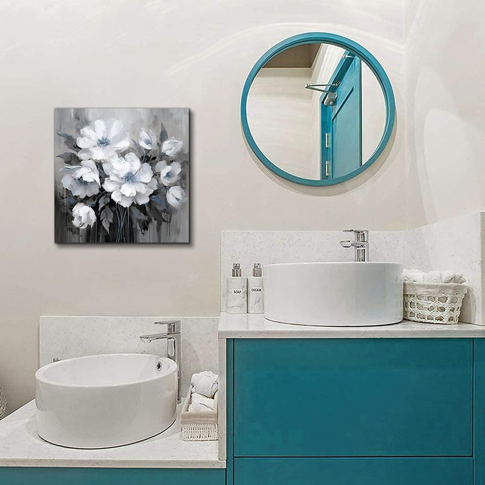 AnZhongArt Bathroom Wall Art,Flower Wall Art,Canvas Wall Art,Small wall Art Gray and White and Blue Flower Wall Art-Floral Canvas Wall Art, Bedroom Office Flower Wall Art Decoration,12x12 inches https://www.amazon.com/dp/B0CR7H4SQ4