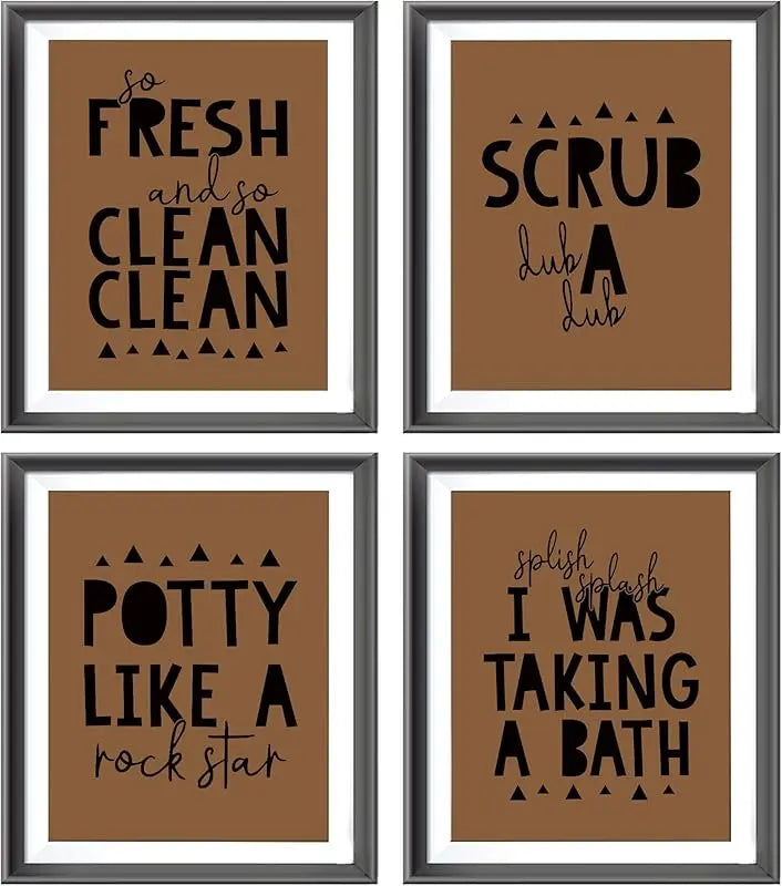 So Fresh and Clean Colorful Bathroom Art Poster Prints for Home Kid Washroom Restroom Nursery Toilet Laundry Decor,Funny Bathroom Rules Word Art Decorations Prints Wall Art Unframed 4pcs 8x10inches https://www.amazon.com/dp/B0BY6BBXTF