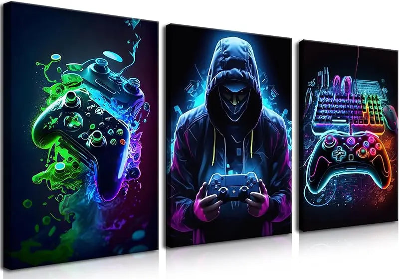 3pcs Game Room Decor Neon Gaming Posters Wall Art Gamer Accessories Theme Canvas Print Game Console Painting Picture for Children Youth Game Boys Bedroom Teen Wall Decor Unframed 12"x16"x3 https://www.amazon.com/dp/B0CPCHHKQD