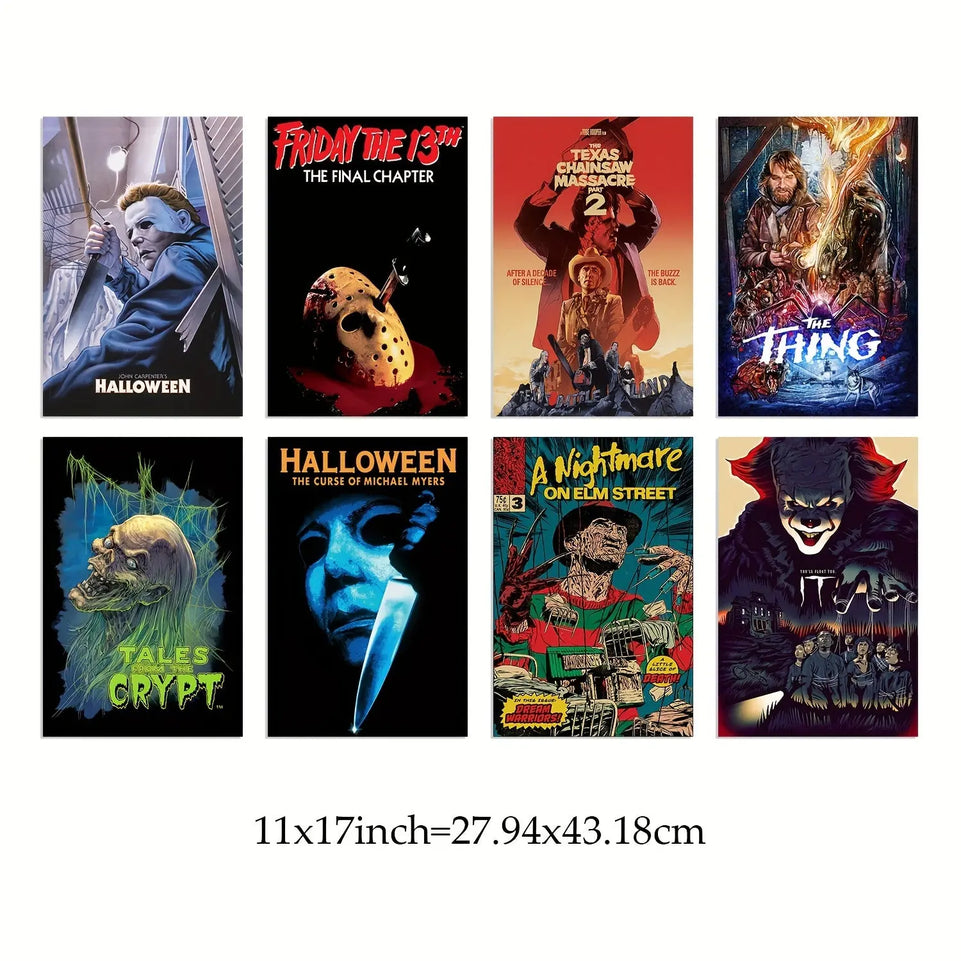8pcs Unframed Halloween Vintage Horror Movie Posters Set, Classic Scary Movie Art Prints Horror Movie Character Wall Art Posters, For Home Living Room Bedroom Man Cave Theater Decor June Wall Art