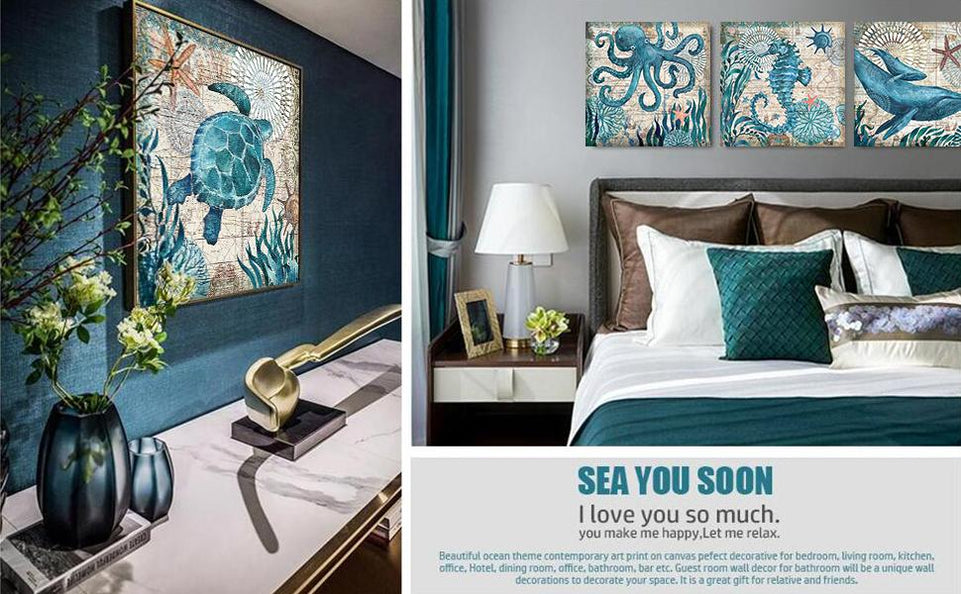 Bathroom Wall Art Beach Decor Ocean Sea Turtle Octopus Canvas Pictures Coastal Room Decor Teal Bathroom Accessories Vintage Whale Seahorse Poster Modern Nautical Painting Bedroom Home Decorations https://www.amazon.com/dp/B07HMJFDK3