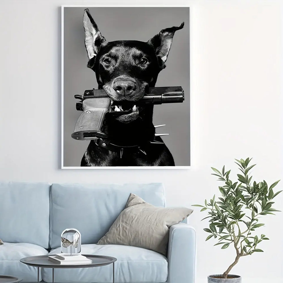 1pc Luxury Black and White Doberman and Gun Poster for Nordic Home Decor - Printed Canvas Wall Art Picture - 15.7x23.6in June Wall Art
