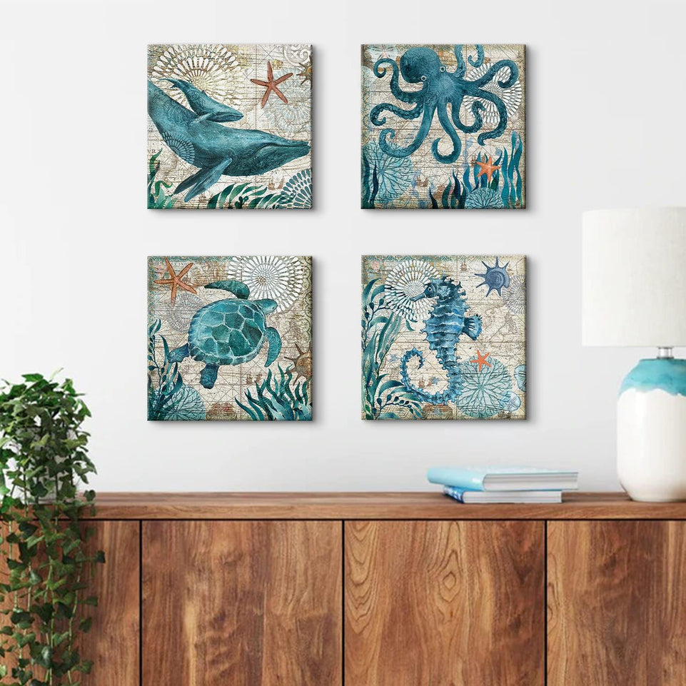 Bathroom Wall Art Beach Decor Ocean Sea Turtle Octopus Canvas Pictures Coastal Room Decor Teal Bathroom Accessories Vintage Whale Seahorse Poster Modern Nautical Painting Bedroom Home Decorations https://www.amazon.com/dp/B07HMJFDK3