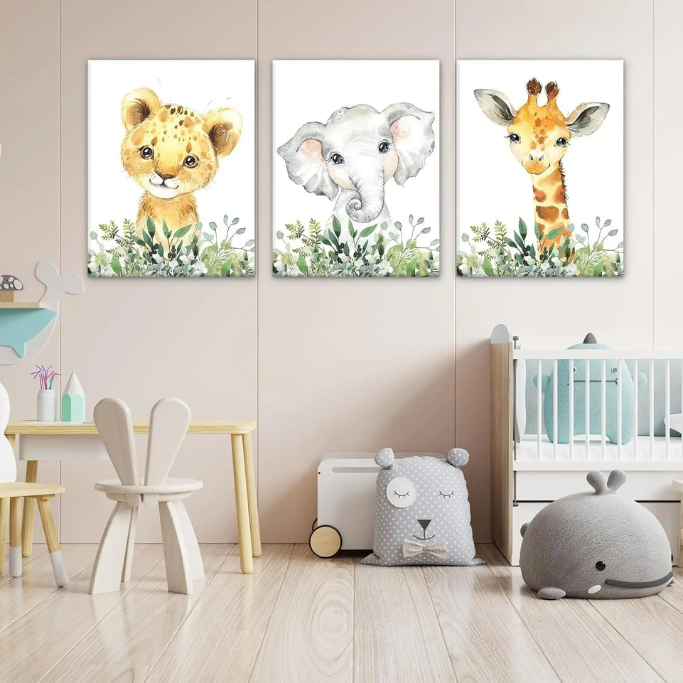 Baby Safari Nursery Wall Decor - Set of 3 Pictures Cute Animal Wall Prints on Canvas Jungle Nursery Safari Decor gifts for Baby Boys and Girls Room, Framed Wall Art (12 x16inch) https://www.amazon.com/dp/B0CLW97SF5