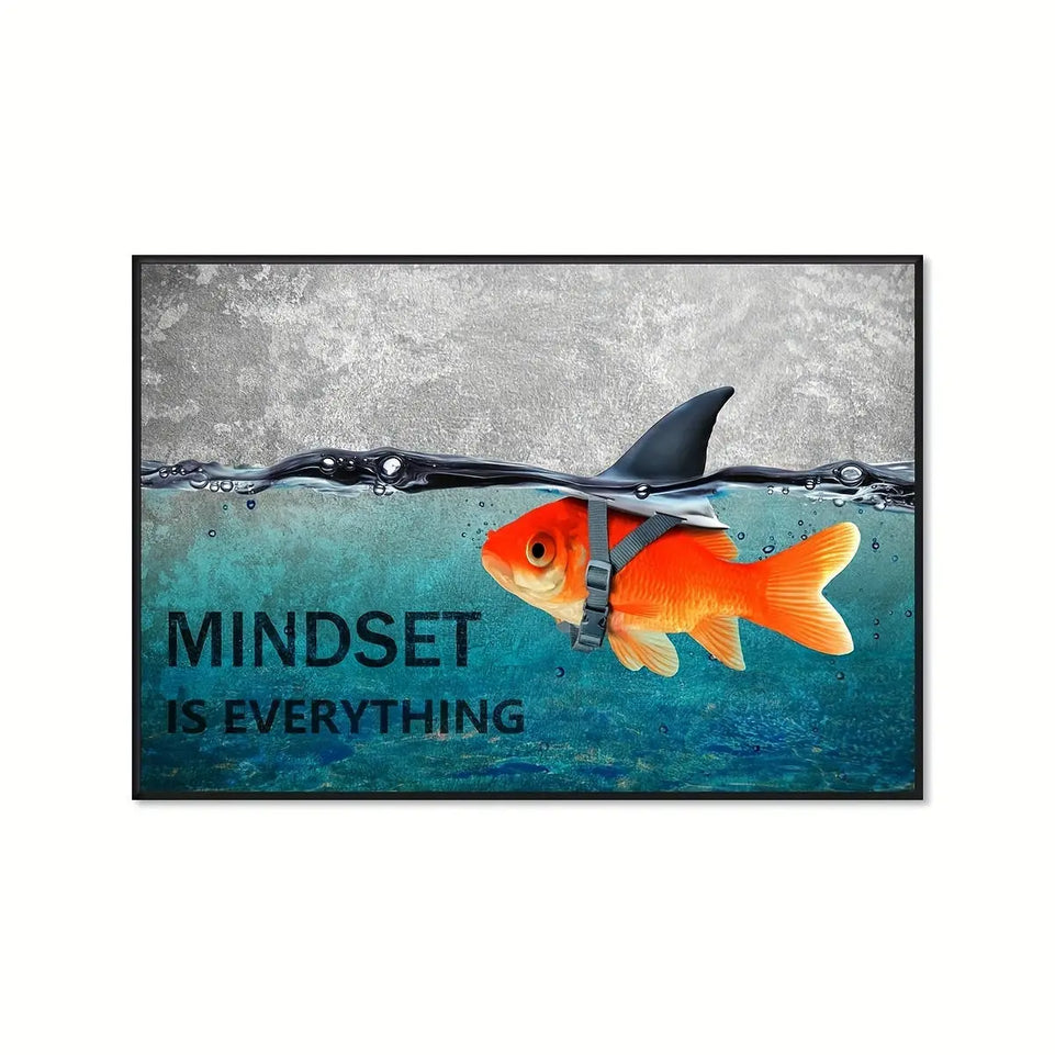 Mindset is Everything" - Motivational Canvas Wall Art with Blue Goldfish & Shark, Frameless Inspirational Quote Poster for Office, Bedroom, Bathroom Decor | Modern Minimalist Design, Indoor Use, Motivational Wall Art June Wall Art