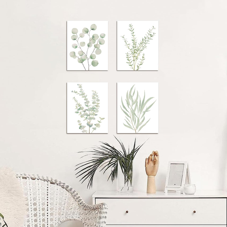 Erctoo Botanical Plant Canvas Wall Art, Framed Boho Wall Decor for Bathroom, Minimalist Aesthetic Bedroom Wall Art, Sage Green Eucalyptus Leaf Prints for Office, Set of 4PCS, 8”X10” https://www.amazon.com/dp/B0CFG2YPPX