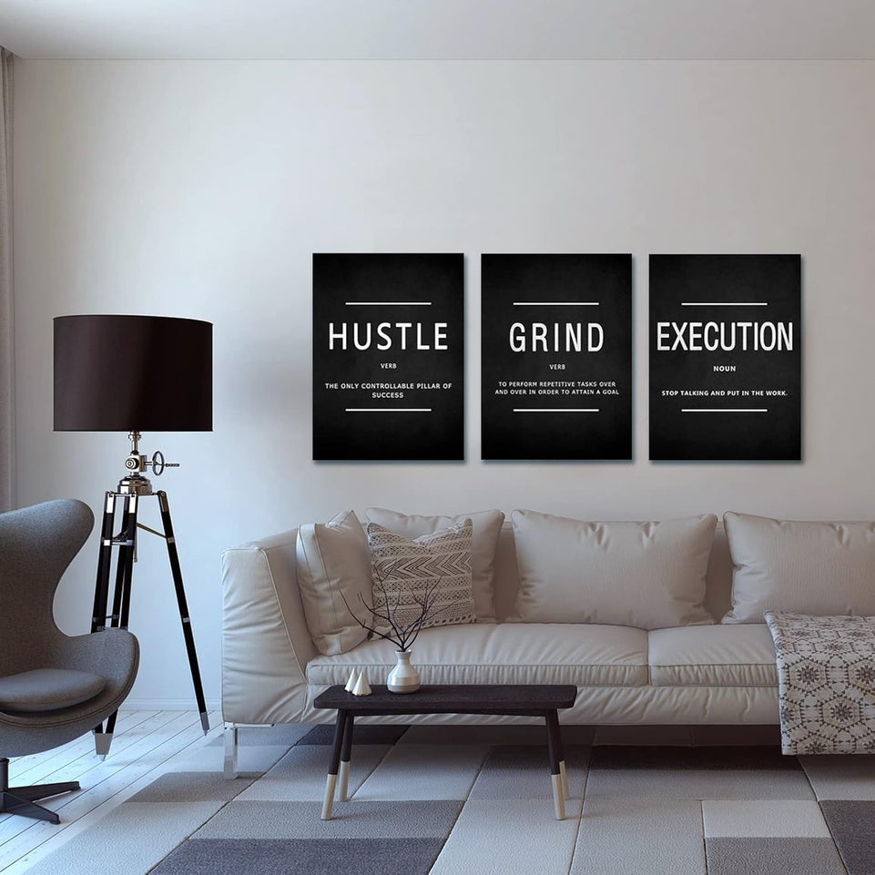 KAWAHONE Canvas Painting Wall Art, Grind Hustle Execution Motivational Wall Art Decoration Posters Prints for Living Room Bedroom, Office Decor, Gallery-Wrapped Canvas Art Set Framed Ready to Hang https://www.amazon.com/dp/B089XVKF61