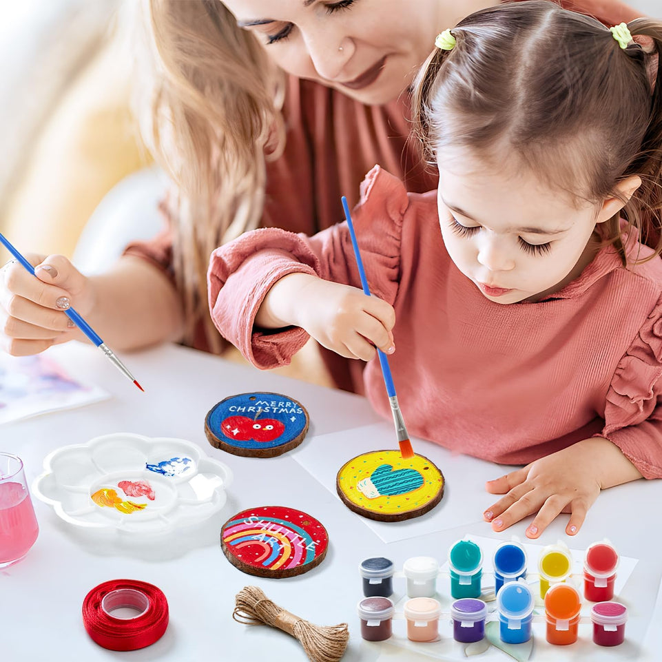 Wood Slices Kit, Shuttle Art 35 PCS Unfinished Natural Wood Slices with Pre-Drilled Hole, Acrylic Paint, Permanent Markers, Jute Twine, DIY Craft for Kids Adults Holiday Decoration Christmas Ornaments https://www.amazon.com/dp/B08FDGWSCW