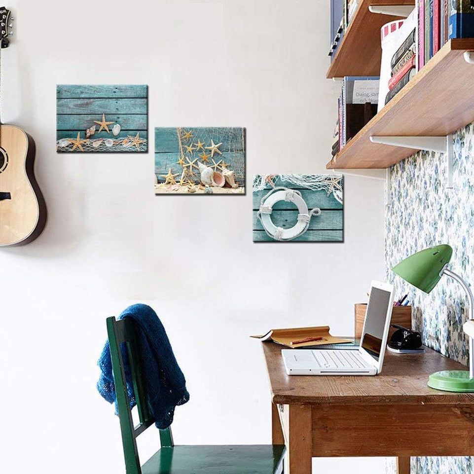 Biuteawal- 3 Piece Canvas Wall Art Starfish Shell on Teal Board Painting Prints Beach Nature Picture Canvas Artwork for Home Kitchen Bathroom Living Room Wall Decor Ready to Hang https://www.amazon.com/dp/B07K6D42KS