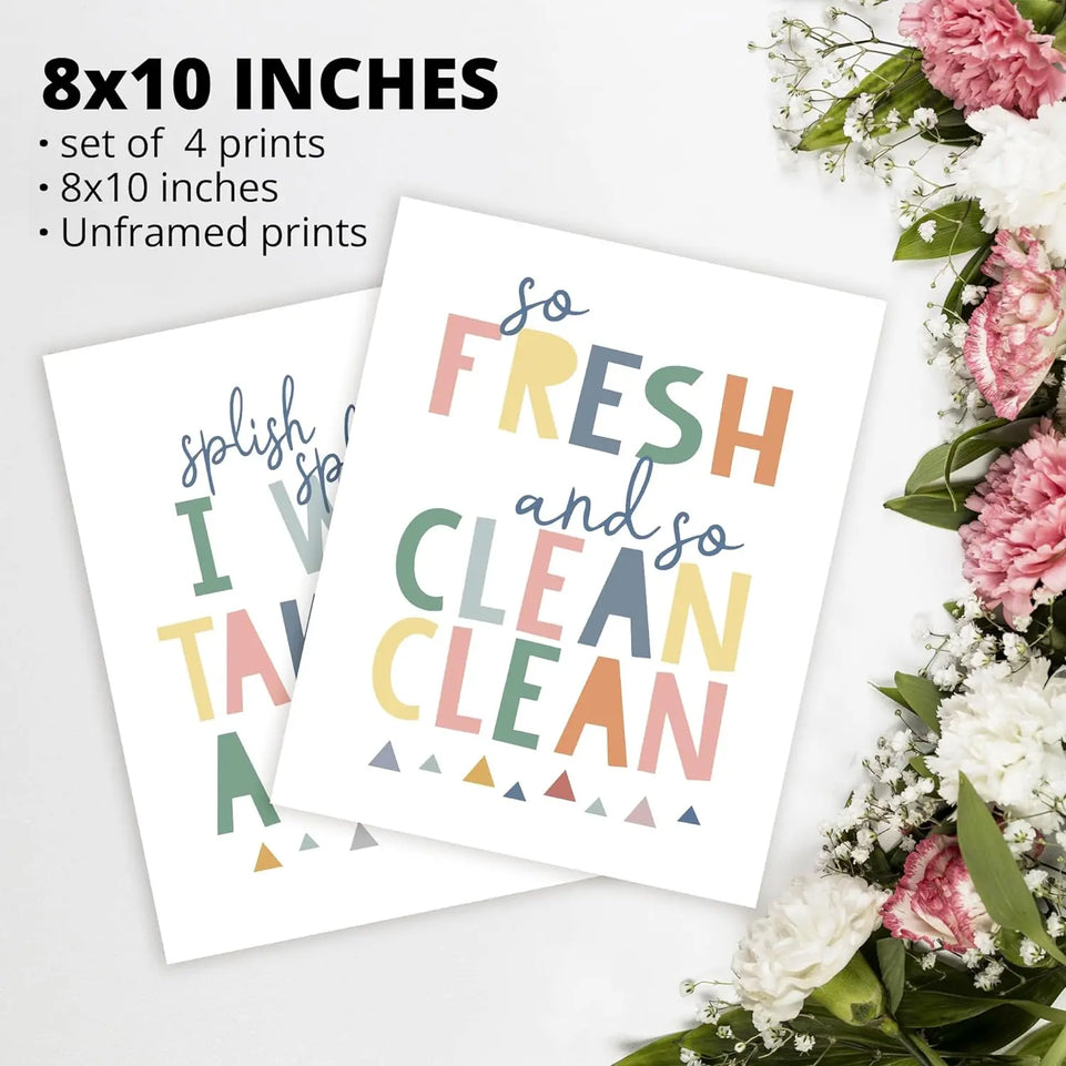 So Fresh and Clean Colorful Bathroom Art Poster Prints for Home Kid Washroom Restroom Nursery Toilet Laundry Decor,Funny Bathroom Rules Word Art Decorations Prints Wall Art Unframed 4pcs 8x10inches https://www.amazon.com/dp/B0BY6BBXTF