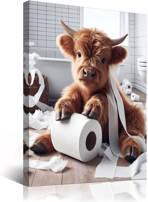 TWNSLLA Highland Cow Funny Bathroom Decor Wall Art,Bathroom Highland Cow Art Prints,Rustic Farmhouse Bathroom Wall Decor,Funny Bathroom Signs Animal Canvas Wall Art,UNFRAMED,8x10inchx4pcs https://www.amazon.com/dp/B0D2CRRJBZ