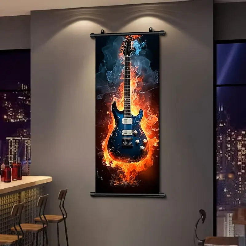 1pc Music Hanging Scrolls Painting, Flame Guitar Wall Art Poster, Artwork Wall Painting For Bathroom Bedroom Living Room Wall Decor, Home Decoration, Aesthetic Room Decor, 16inch * 39inch June Wall Art