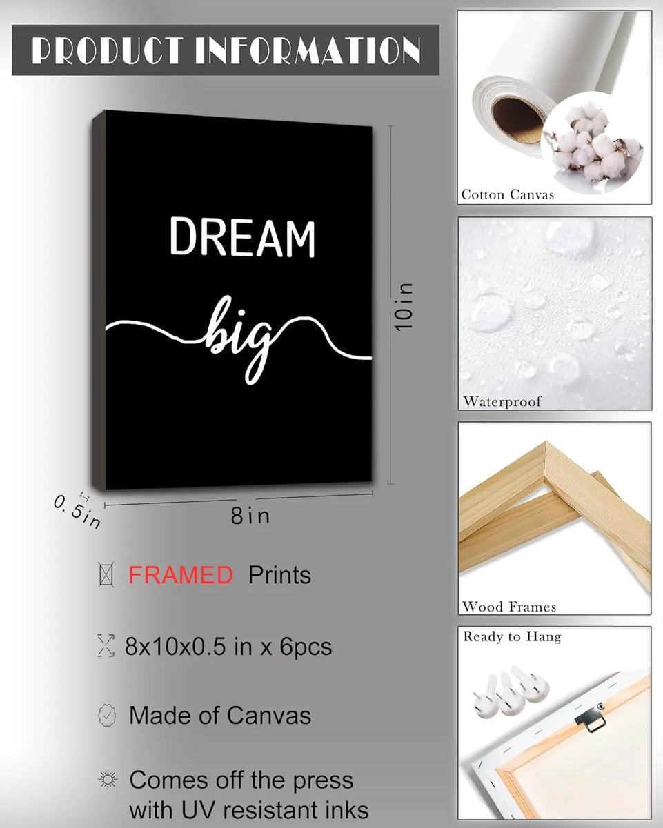 Drsoum Motivational Wall Decor Inspirational Office Wall Art Black Quotes Wall Art for Living Room Encouraging Canvas Posters for Office Bedroom Sayings for Wall Decor - 8” x10” x6 PCS (Framed) https://www.amazon.com/dp/B0C6LPVLRF