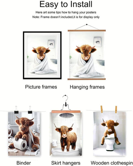 TWNSLLA Highland Cow Funny Bathroom Decor Wall Art,Bathroom Highland Cow Art Prints,Rustic Farmhouse Bathroom Wall Decor,Funny Bathroom Signs Animal Canvas Wall Art,UNFRAMED,8x10inchx4pcs https://www.amazon.com/dp/B0D2CRRJBZ