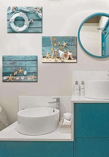 Biuteawal- 3 Piece Canvas Wall Art Starfish Shell on Teal Board Painting Prints Beach Nature Picture Canvas Artwork for Home Kitchen Bathroom Living Room Wall Decor Ready to Hang https://www.amazon.com/dp/B07K6D42KS