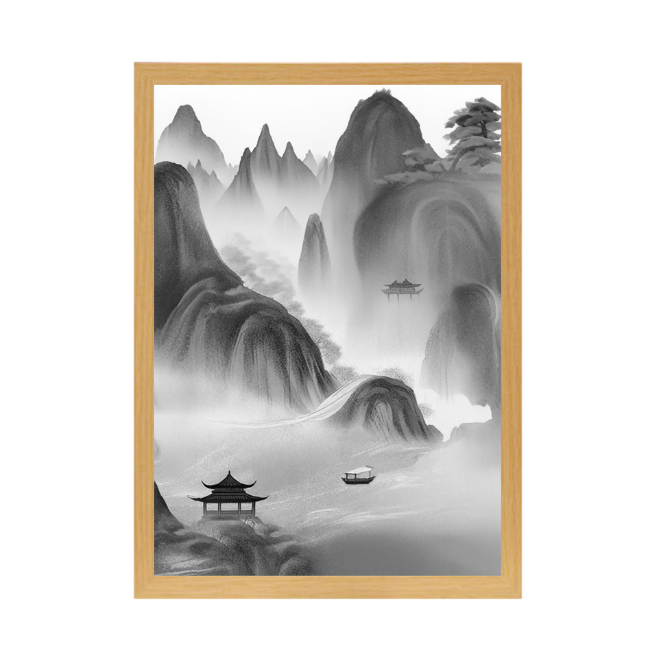 Landscape Ink Wash Light Up Painting – Traditional Mountain Scenery in Wooden Frame