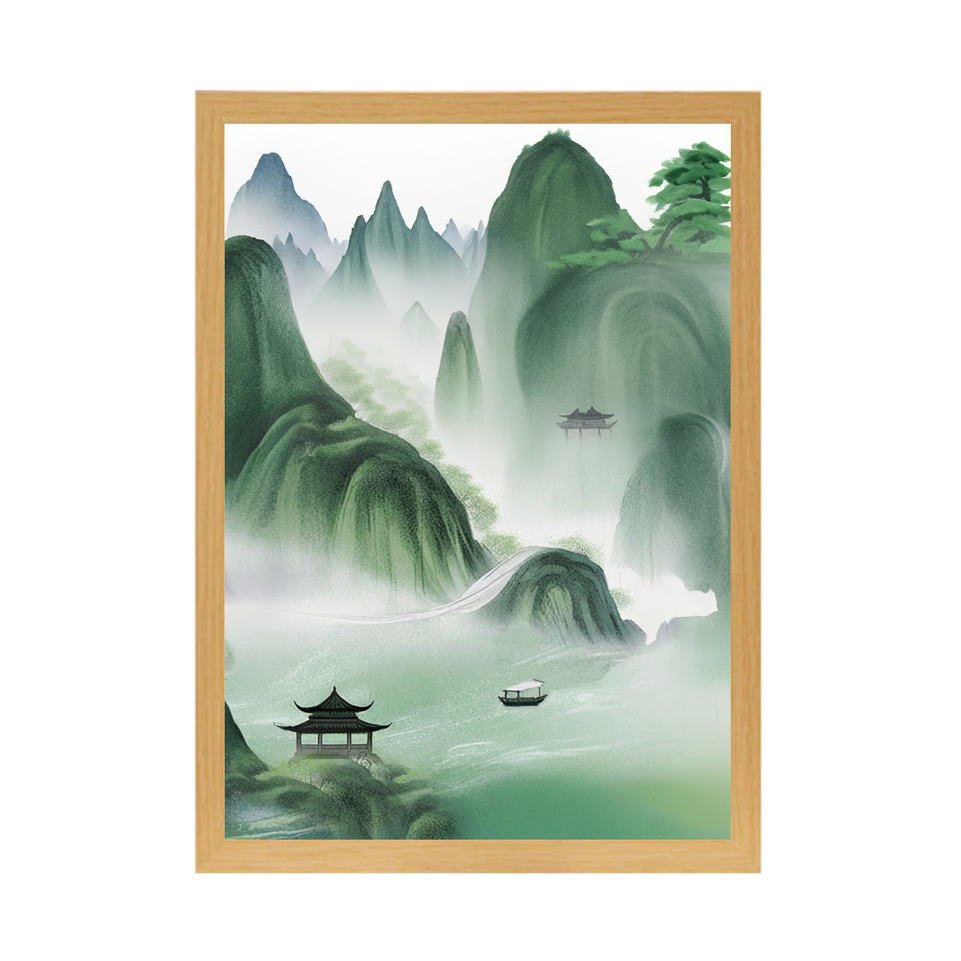 Landscape Ink Wash Light Up Painting – Traditional Mountain Scenery in Wooden Frame