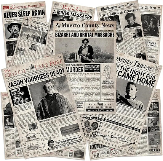 12 Pcs Newspaper Horror Posters (8”x12”), Horror Decor, Halloween Scary Movie Posters Wall Art Decor, Creepy Perfect Retro Bedroom And Vintage, Jason Voorhees, Ashy Slashy - Unframed https://www.amazon.com/dp/B0D83RR9MC
