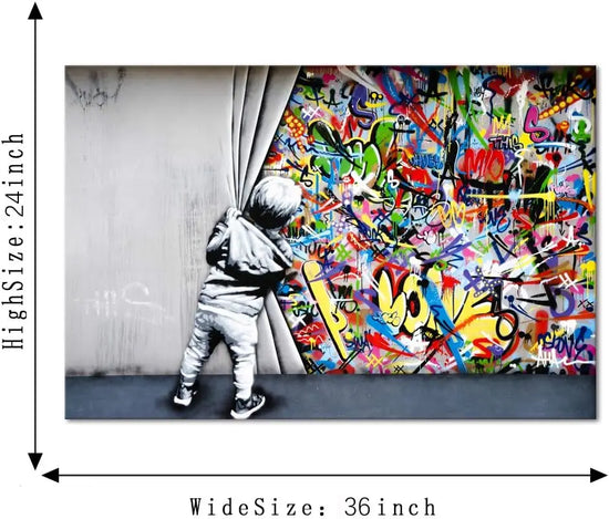 Yatsen Bridge Classic Street Art Banksy Graffiti Wall Art Behind The Curtain Posters Canvas Paintings Colorful Graffiti Pictures Prints Framed for Living Room Home Decor(36''W x 24''H) https://www.amazon.com/dp/B07ZVHB9FP