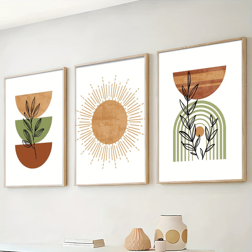 Set of 3 Vibrant Mid Century Boho Art Posters - Unframed Canvas Prints with Geometric Botanical Designs - Ideal for Modern Home Decor, Living Room, Bedroom, Apartment, and Office Walls