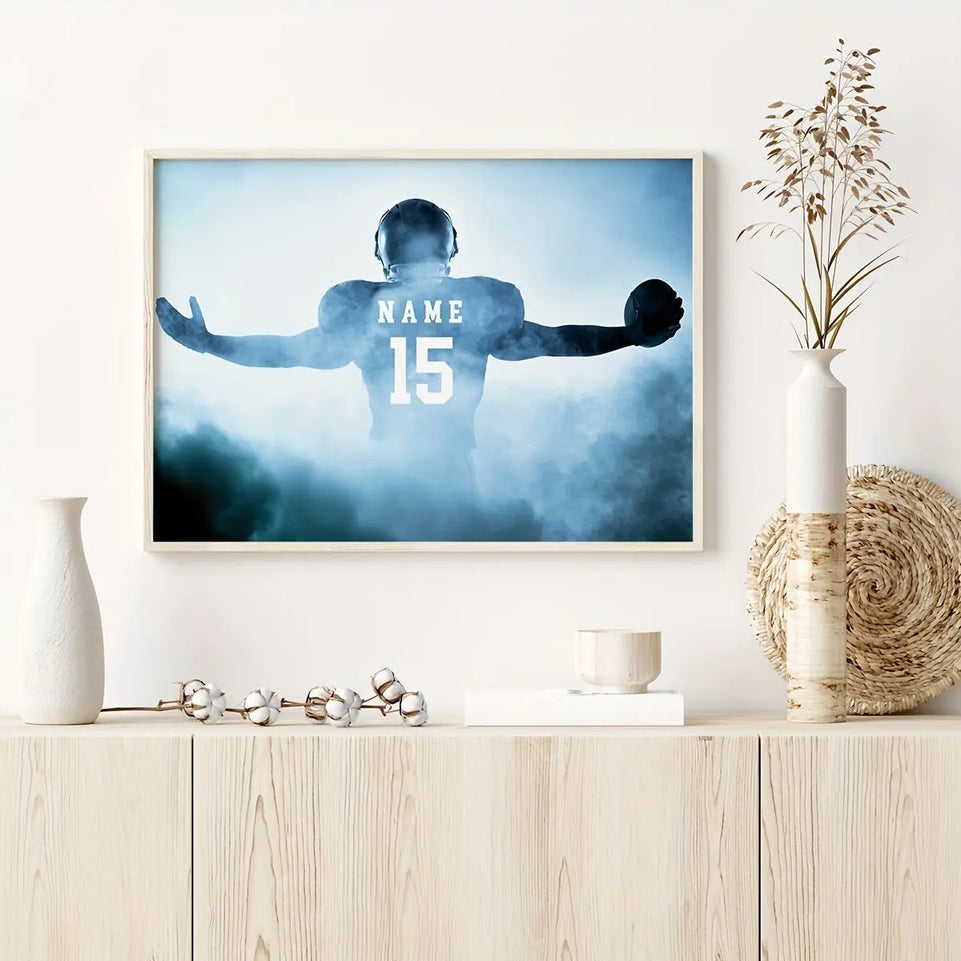 [1pc Customizable Football Poster] 1pc Customizable Football Canvas Poster - Your Name & Number, Modern Sports Wall Art, Perfect Gift for Dad, Husband, Son - Ideal for Bedroom, Living Room, Home Office Decor, Frameless, Footb June Wall Art