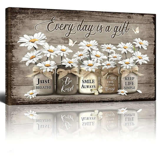 [1pc Rustic Daisy Butterfly Wall Art] 1pc Wooden Framed Rustic Wall Art Daisy Butterfly Gift Canvas Vintage Floral Wall Art, Flowers Inspirational Picture For Bedroom Living Room Bathroom Office Wall Decor Framed Home Decorat June Wall Art