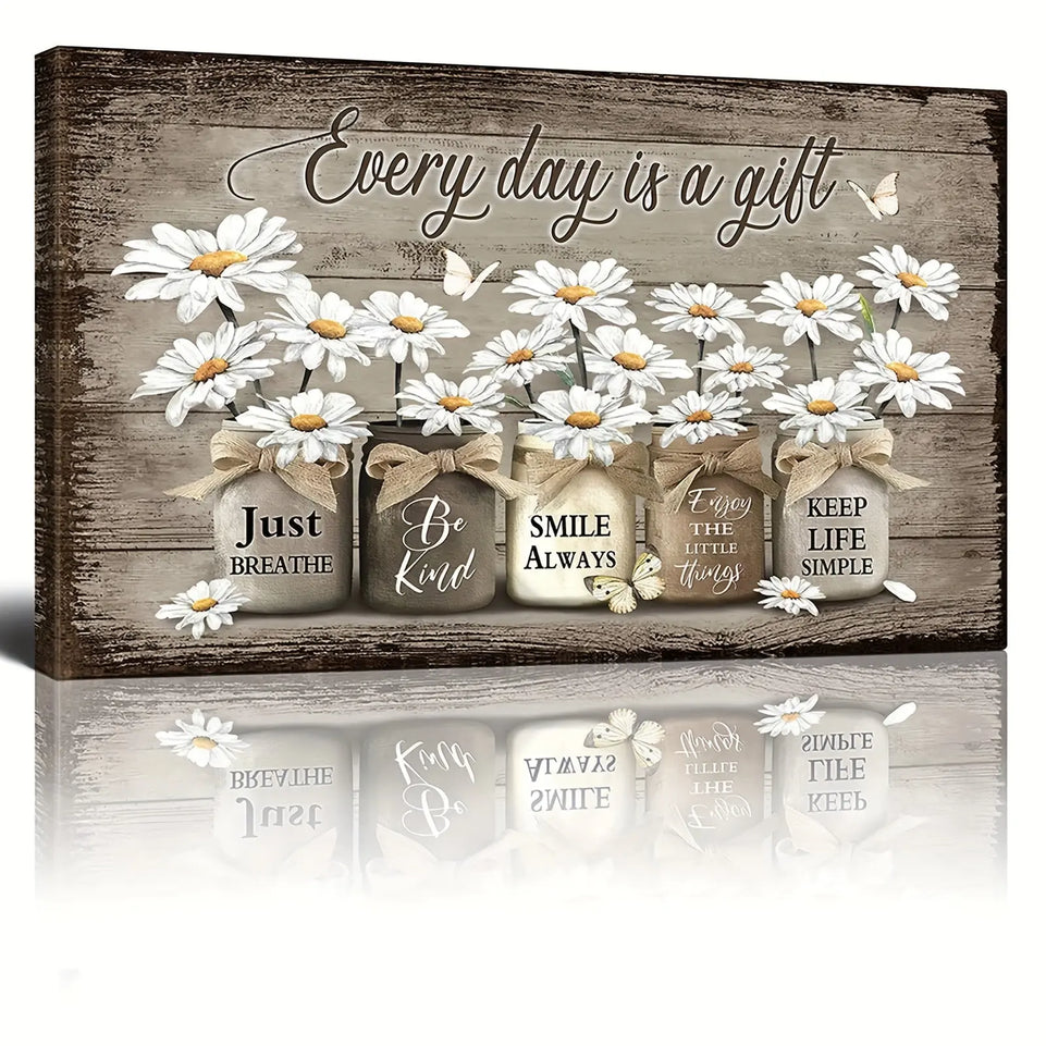 [1pc Rustic Daisy Butterfly Wall Art] 1pc Wooden Framed Rustic Wall Art Daisy Butterfly Gift Canvas Vintage Floral Wall Art, Flowers Inspirational Picture For Bedroom Living Room Bathroom Office Wall Decor Framed Home Decorat June Wall Art