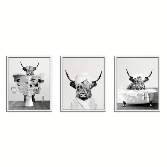 3pcs/set Funny Highland Cow Wall Art In Bathtub, Black And White Canvas Cow In Bathroom Picture, Humor Animals Bathroom Artwork Prints Rustic Farmhouse Style Wall Decor For Living Room,Bedroom, Kids Bathroom Decor, 12x16 Inch June Wall Art
