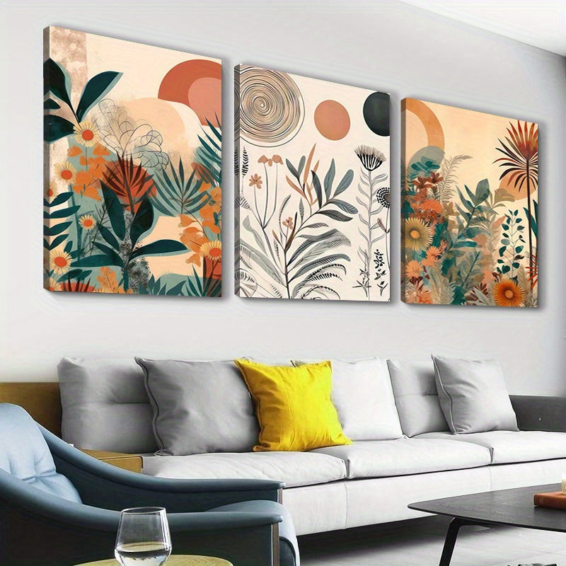 Set of 3 Boho Chic Wooden Framed Canvas Posters - Mid Century Modern Floral Wall Art with Neutral Simple Painting Style - Ideal for Bedroom, Living Room, Kitchen, Bathroom, Hallway, Office, Hotel Decor and Home Decor