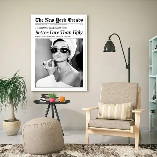 Newspaper Wall Art Canvas Prints Vintage Black and White Better Late Than Ugly Decor Poster Funky Feminist Posters Trendy College Wall Decor for Girly Dorm Room Bathroom Wall Decor 8x12inch Unframed https://www.amazon.com/dp/B0DHYCHY7C