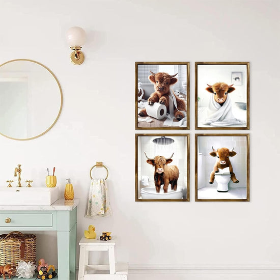 TWNSLLA Highland Cow Funny Bathroom Decor Wall Art,Bathroom Highland Cow Art Prints,Rustic Farmhouse Bathroom Wall Decor,Funny Bathroom Signs Animal Canvas Wall Art,UNFRAMED,8x10inchx4pcs https://www.amazon.com/dp/B0D2CRRJBZ
