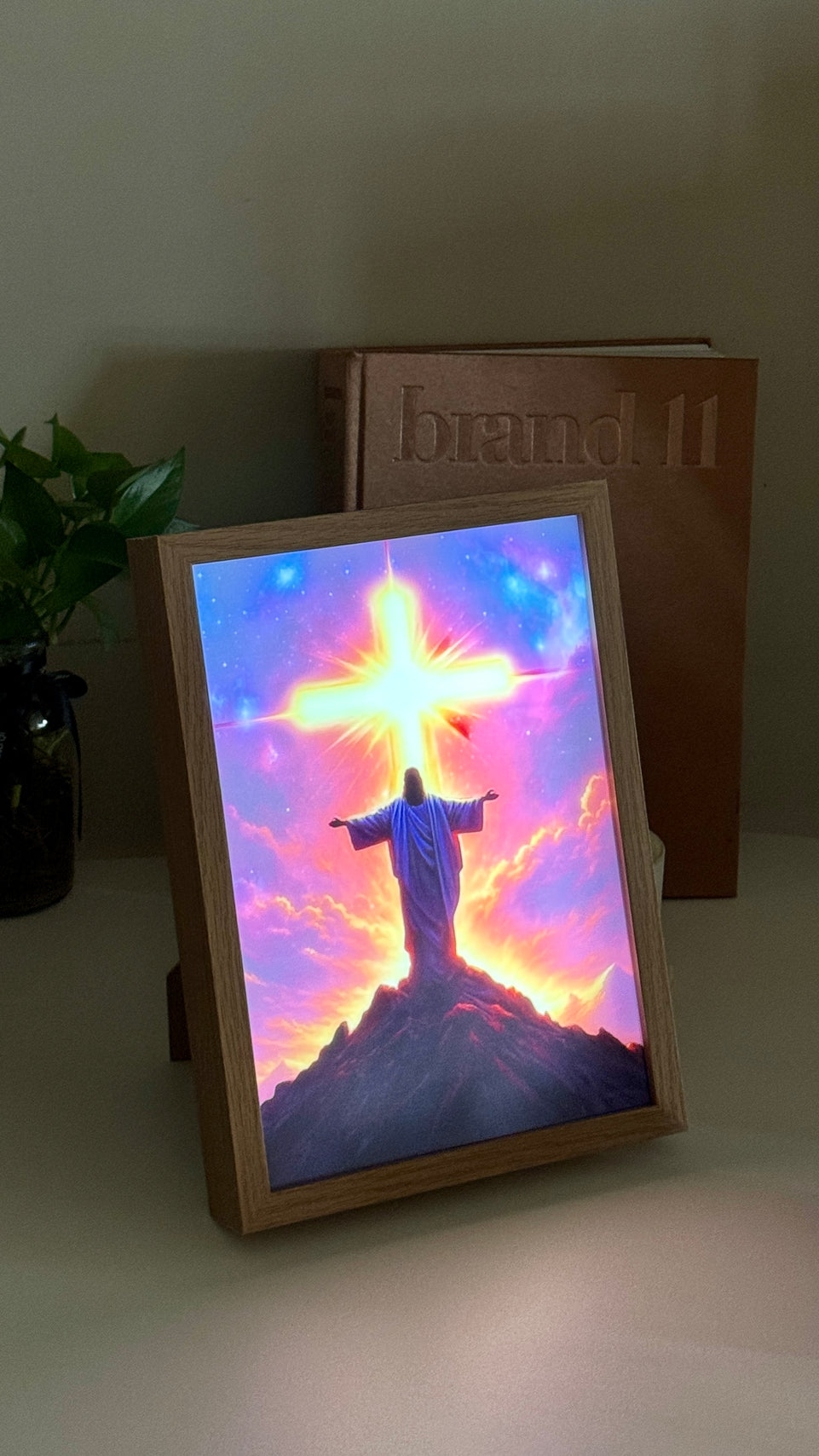 Radiant Christ with Glowing Cross on Mountain - Inspirational Christian Painting Lamp