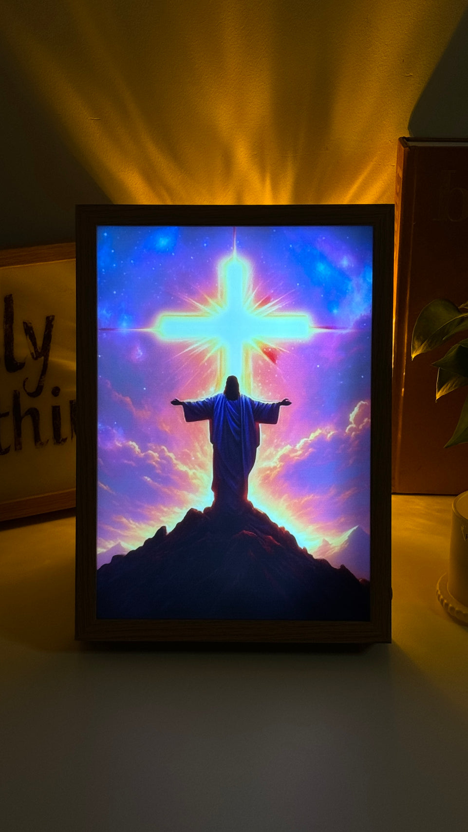 Radiant Christ with Glowing Cross on Mountain - Inspirational Christian Painting Lamp