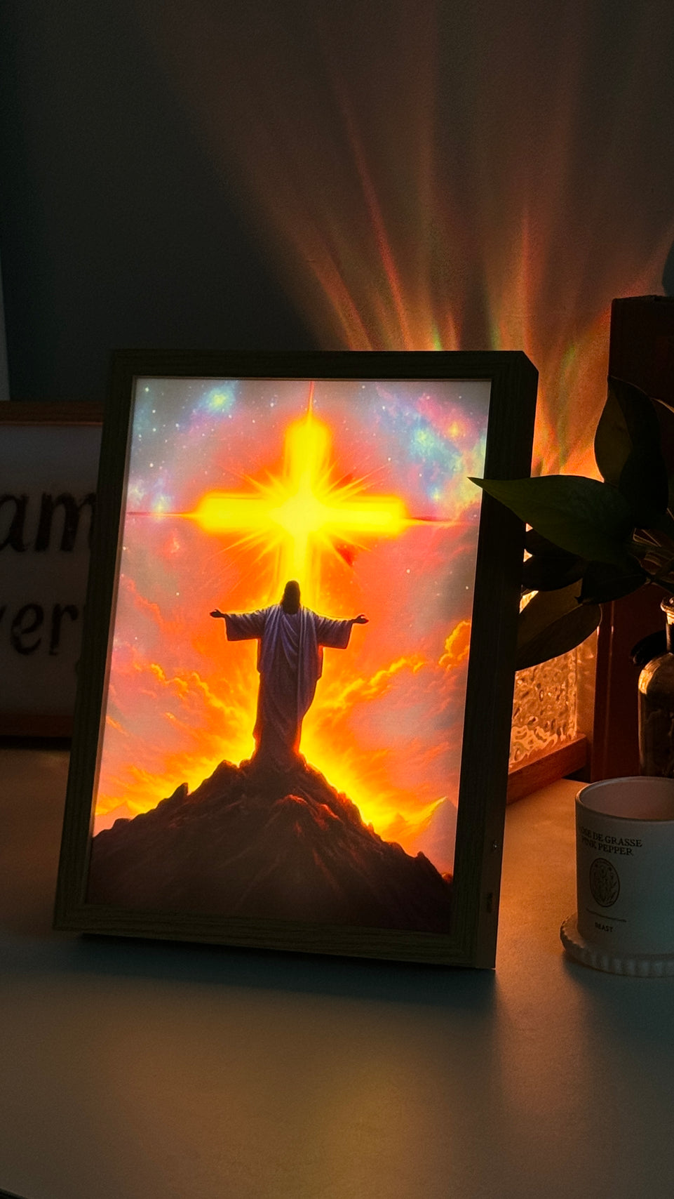 Radiant Christ with Glowing Cross on Mountain - Inspirational Christian Painting Lamp