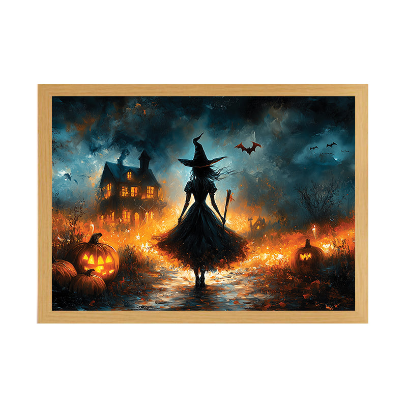 Witch’s Night Light Up Painting – Spooky Halloween Framed Wall Art for Home Decor