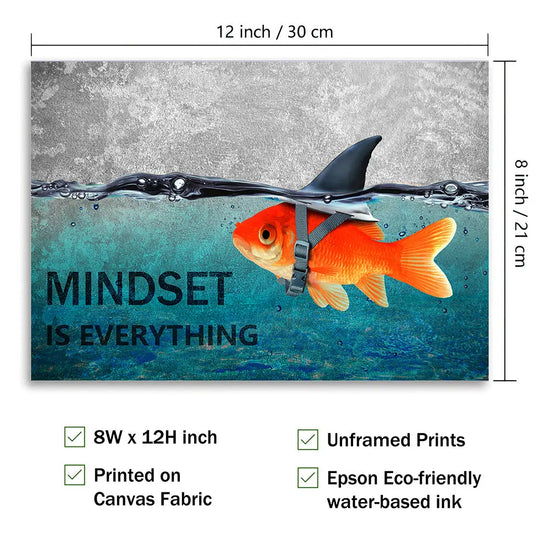 Mindset is Everything" - Motivational Canvas Wall Art with Blue Goldfish & Shark, Frameless Inspirational Quote Poster for Office, Bedroom, Bathroom Decor | Modern Minimalist Design, Indoor Use, Motivational Wall Art June Wall Art