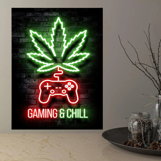 [1pc Gaming Neon Canvas Painting] 1pc High Standards Weed Neon Lights Painting on Canvas - Gaming Chill Wall Art Poster for Game Room, Bathroom, Bedroom, Office, Living Room, Home Decor - No Frame Required June Wall Art